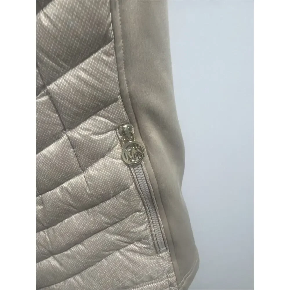 Michael Kors Beige Quilted Logo Puffer Vest Full Zip Pockets Women's M